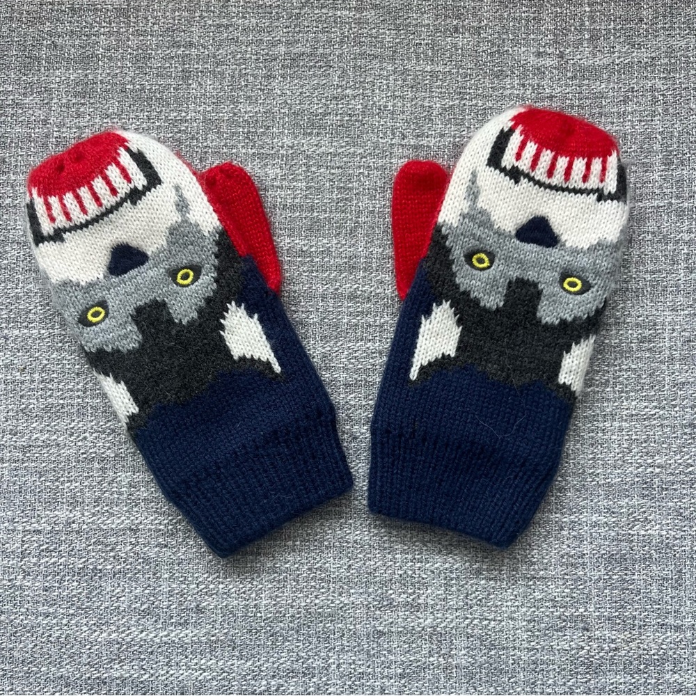 Mini Boden Wolf Face Mittens - Red, Black, and Gray Medium